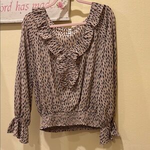 Ruffled V-Neck Blouse in Tan and Black